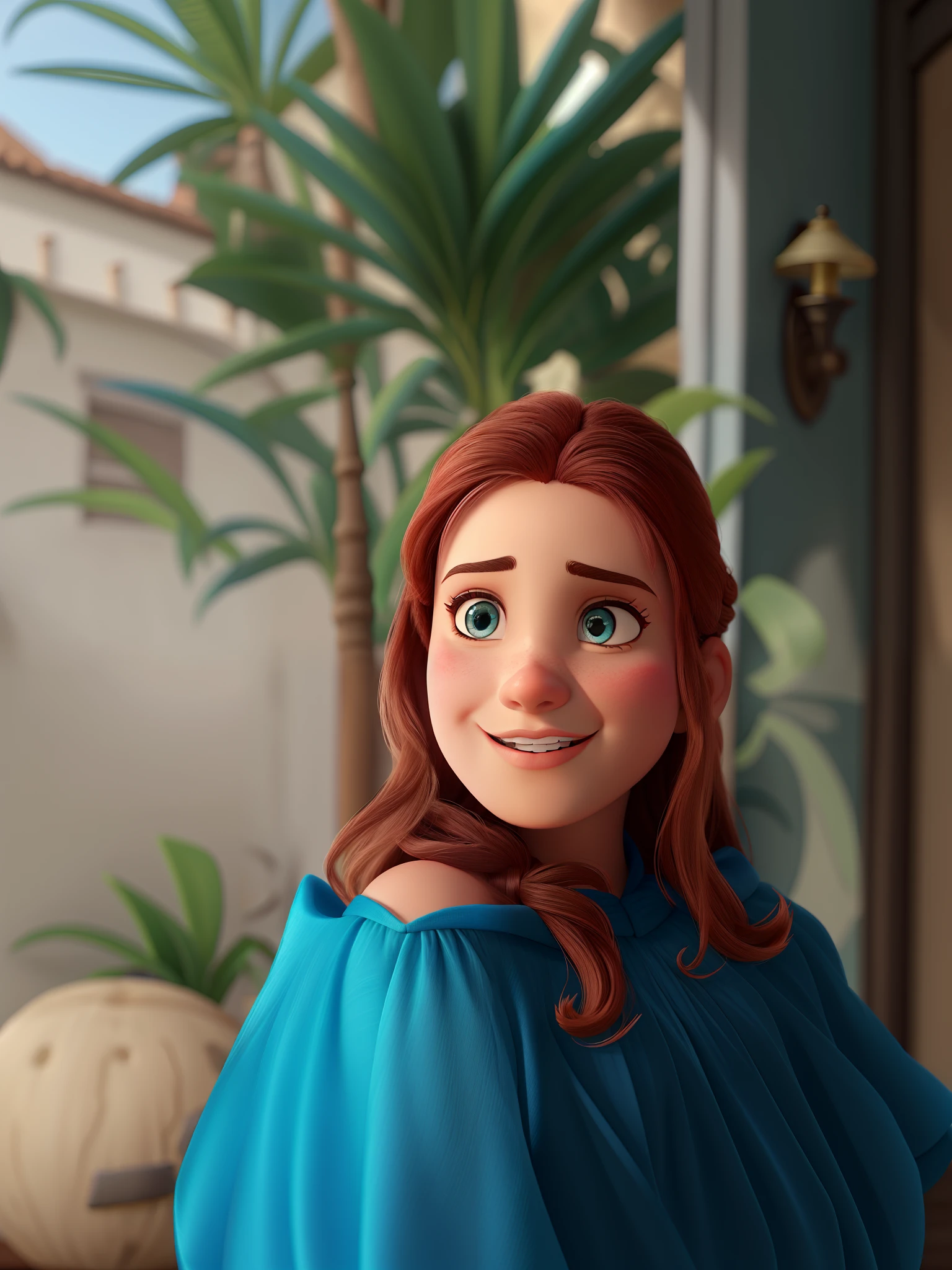 Uma mulher branca de olhos castanhos e vestido azul no estilo Disney Pixar alta qualidade melhor qualidade