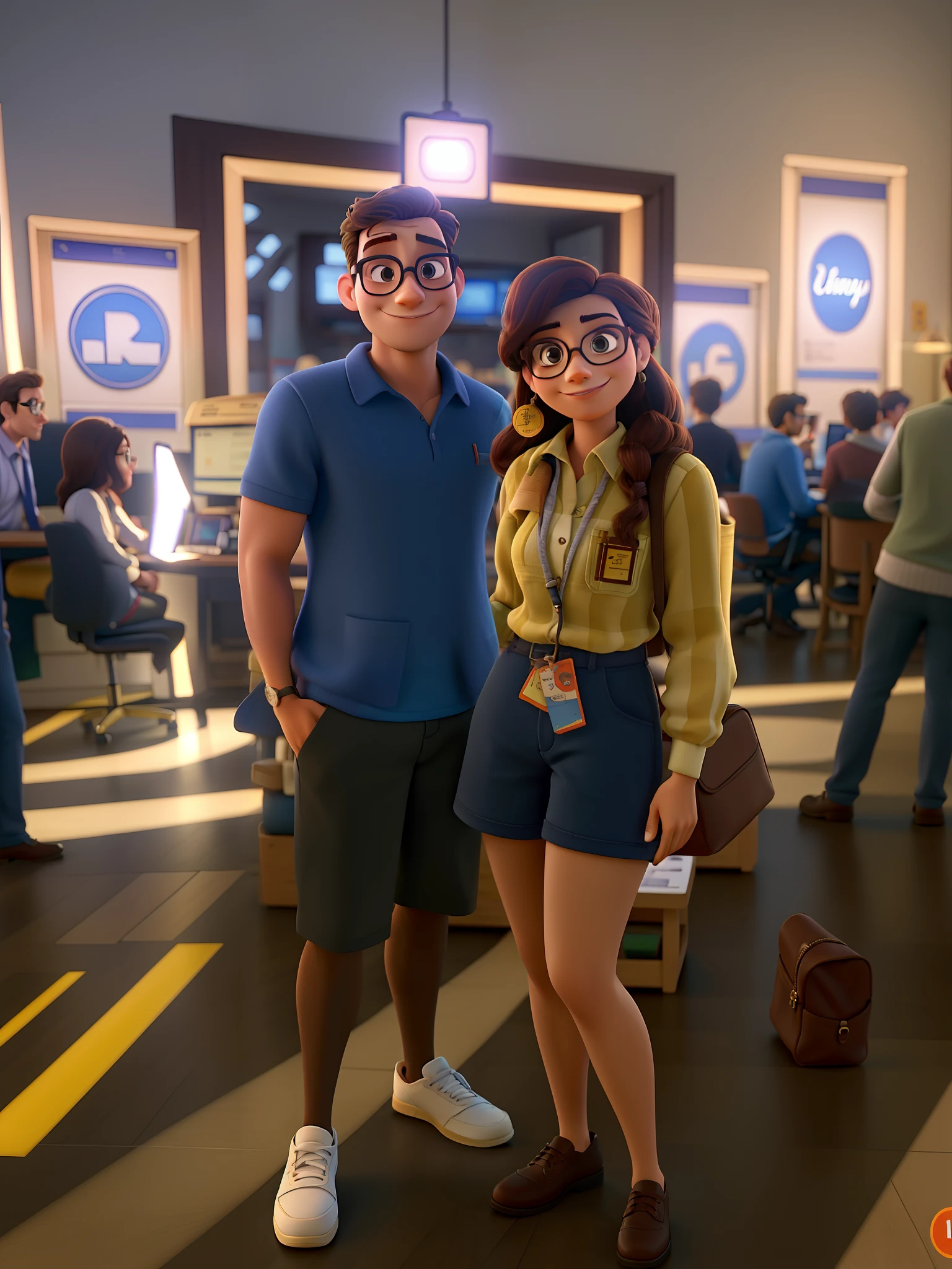 A man and a woman with glasses, no estilo Disney pixar melhor qualidade, maior qualidade.