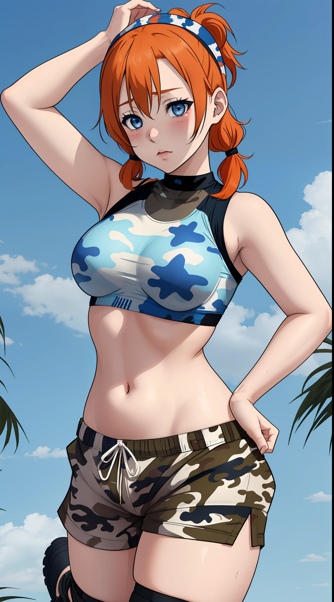 Masterpiece, best quality, from side,Kousaka honoka, blue eyes, (orange hair:0.8), white head band,sad, strapless ,Camouflage paint leotard, (exposed ass cheeks:1.2), big breasts , looking back , desert , sweating 