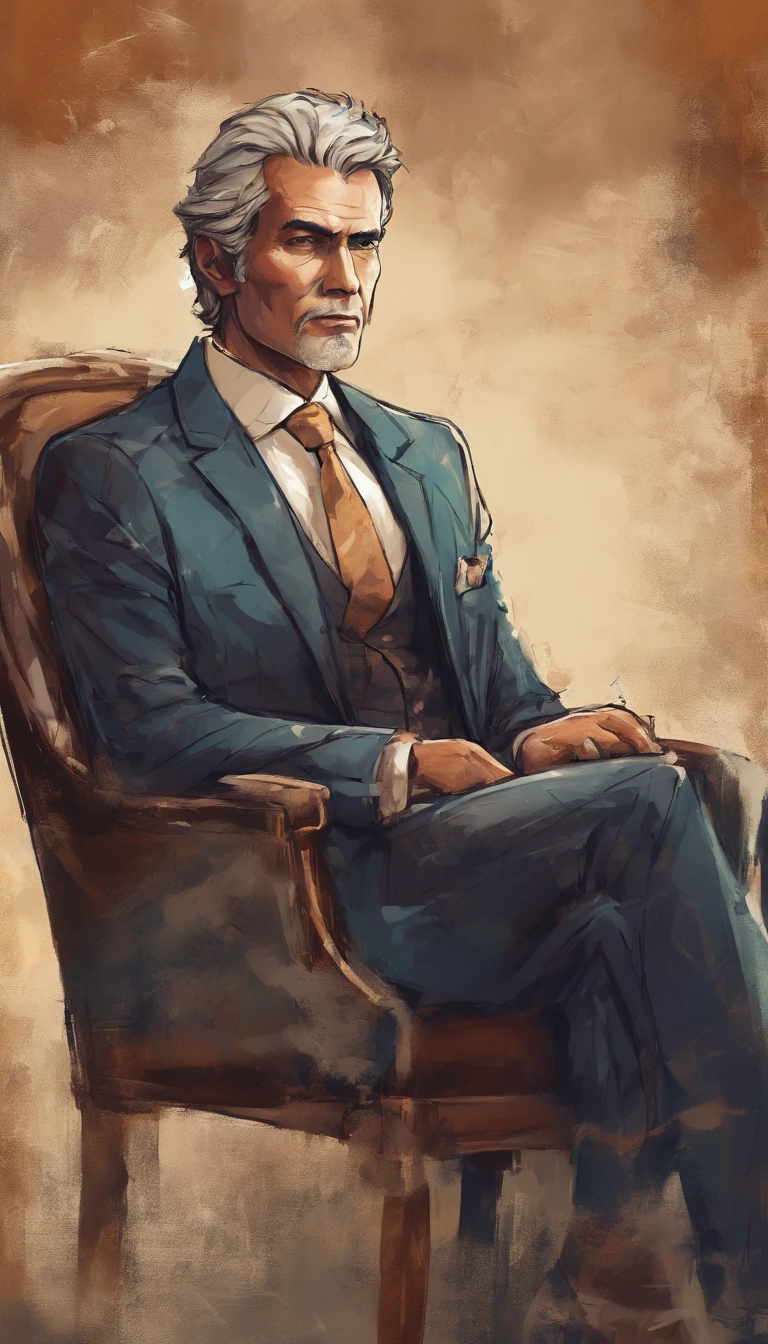 A very handsome businessman very well dressed in a jacket aged 50 years old.Les cheveux tres bien fait . Well tanned complexion.Sitting in an armchair looking straight at the camera
