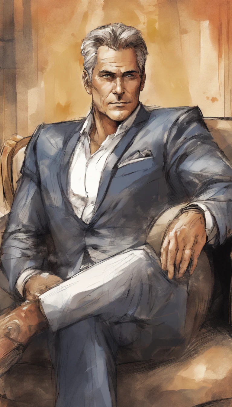 A very handsome businessman very well dressed in a jacket aged 50 years old.Les cheveux tres bien fait . Well tanned complexion.Sitting in an armchair looking straight at the camera
