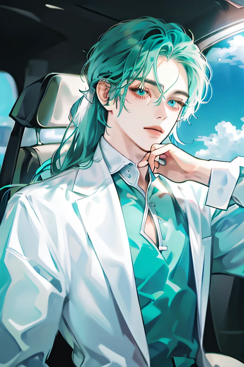 Young guy, (hairlong), (turquoise hair), Shirt, Friendly Facial Expression, Very beautiful facial features, (((1 guy))), Extremely detailed, Heterochromia