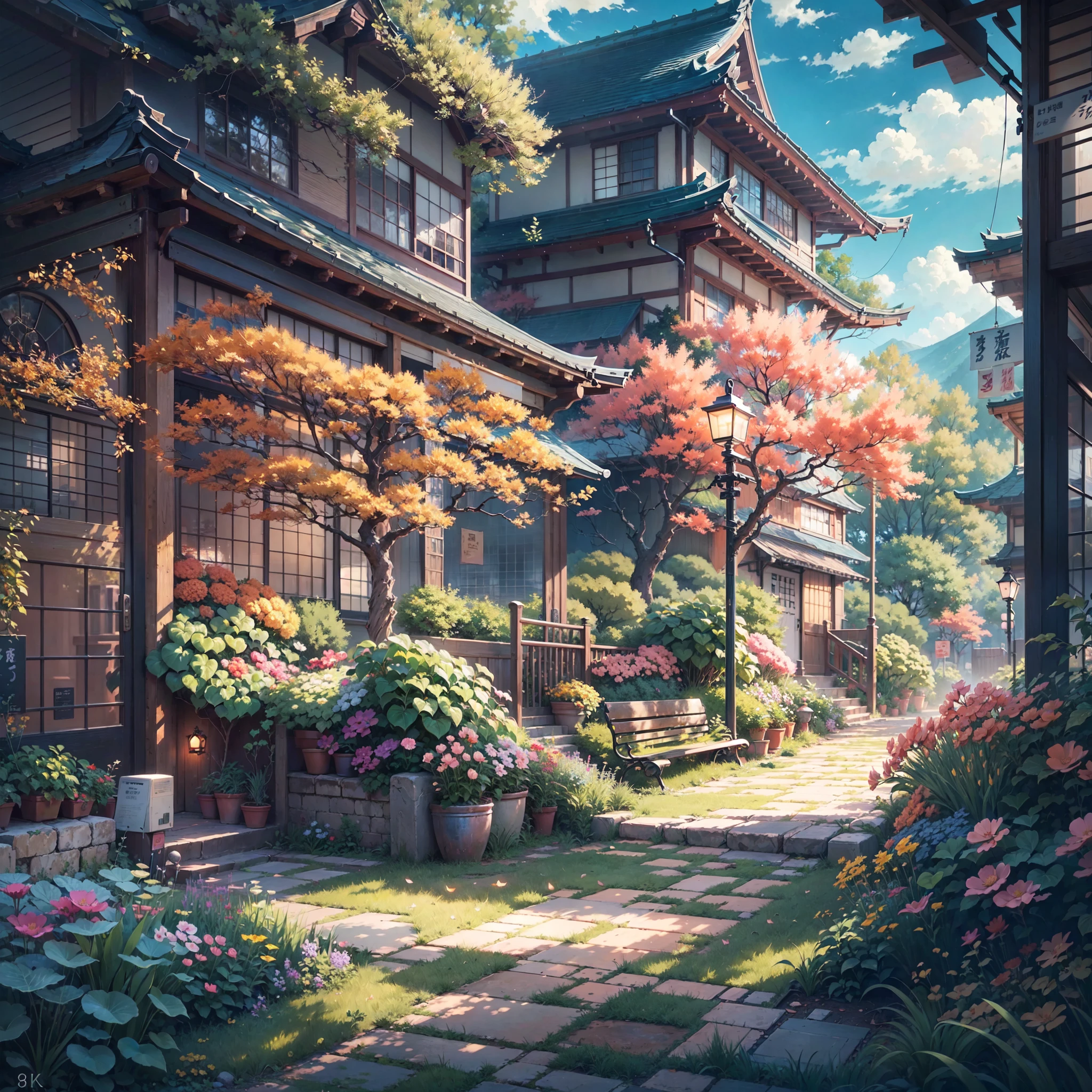 there is a painting of a garden with a bench and a building, detailed painting 4 k, highly detailed digital painting, digital painting highly detailed, very detailed digital painting, detailed 4 k painting, , detailed digital painting, anime background art, beautiful digital painting, highly detailed 4 k painting, beautiful anime scene, japan, (no one: 1), colorful anime movie background, beautiful anime scenery, beautiful anime scene, anime scenery, anime art wallpaper 8 k, tokyo anime scene, anime art wallpaper 4k, anime art wallpaper 4 k, anime scenery concept art,