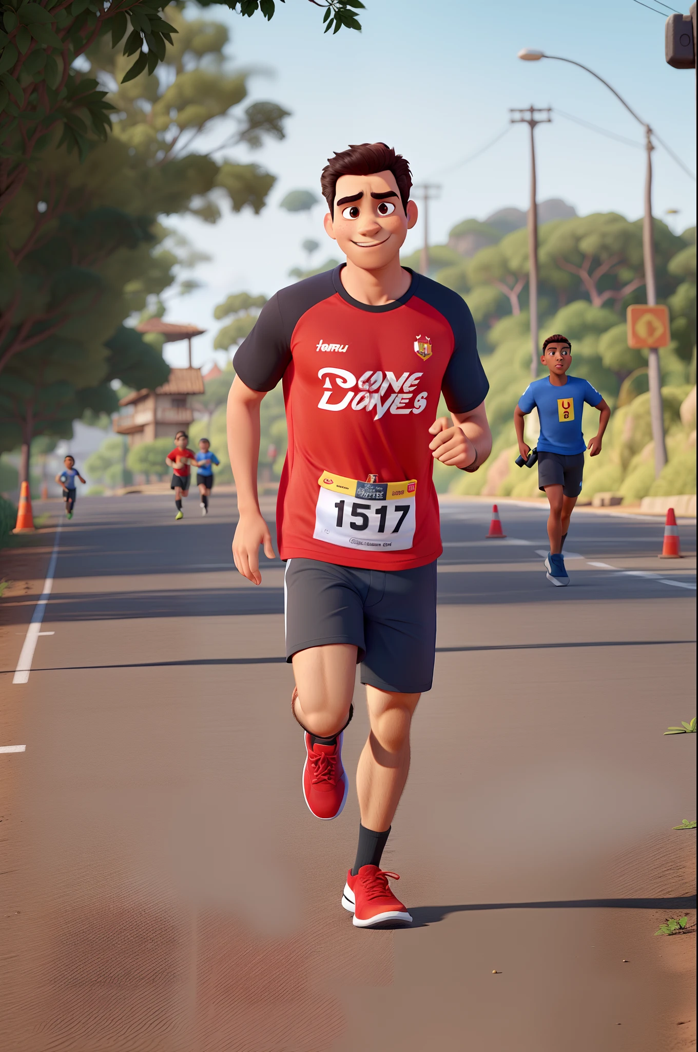Um homem corredor com camiseta preta e vermelha escrito corre comigo, Disney Pixar, alta qualidade, melhor qualidade