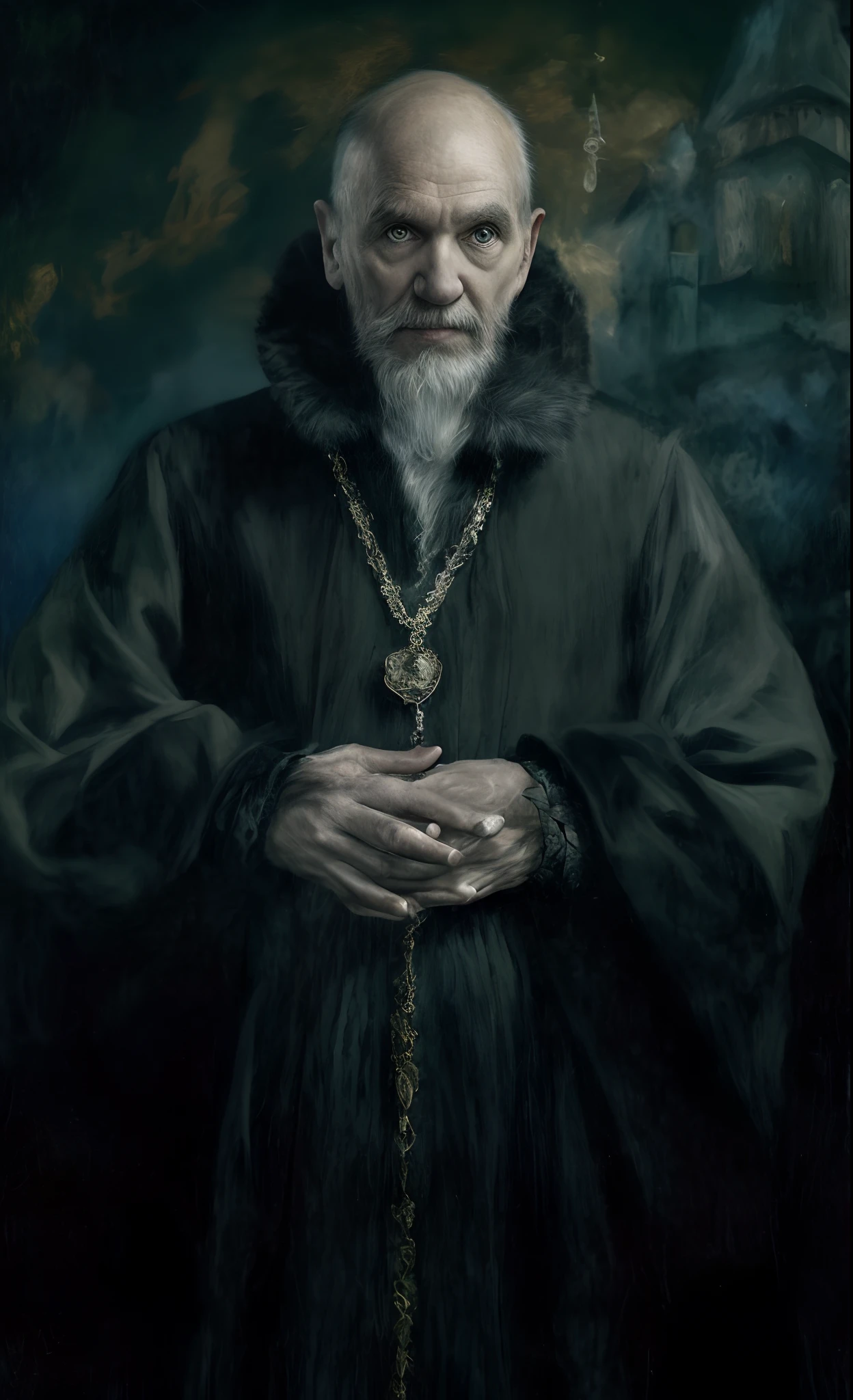Bild eines Mannes in einem schwarzen Gewand und einer Kette um den Hals, Abdulow, Hummel, inspiriert von Aleksandr Gerasimov, Alexander Abdulov, Oleg Zherebin, Portrait of Professor Sinister, Alexis Ohanian als Zauberer, Portrait of a magician, Portrait of Saruman, Evil Wizard, Dmitri Masurkewitsch