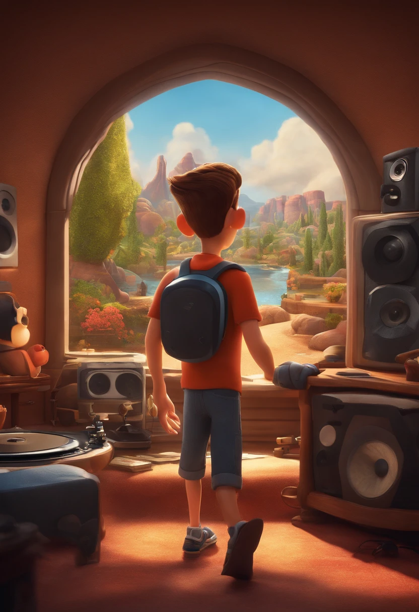 um homem, em breve, olhos castanhos, com fones de ouvido, A music studio in the background, Imagem no estilo Pixar, Estilo de filme animado 3D, Disney, camiseta preta