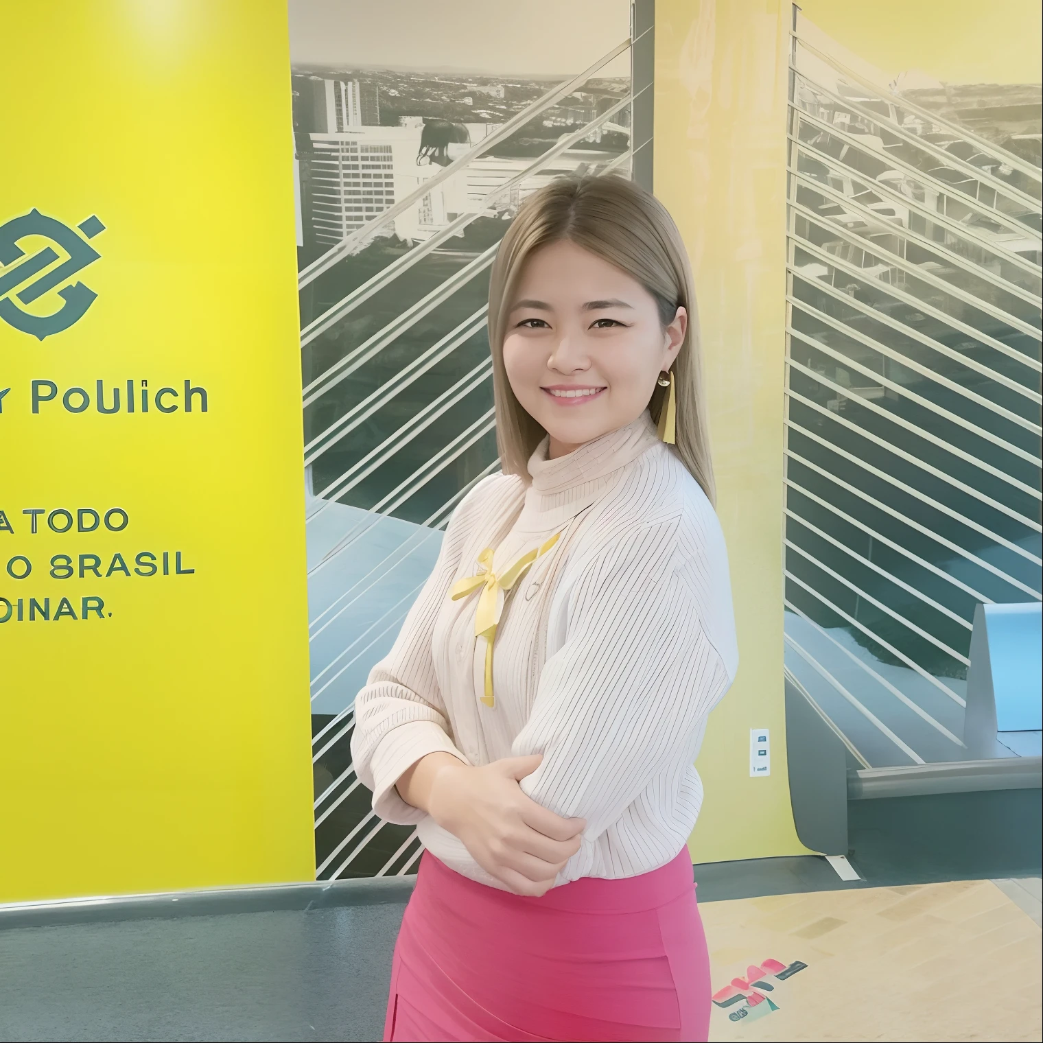 Smiling woman in pink skirt standing in front of a yellow warning, Chanel hair in light brown and with her arms crossed