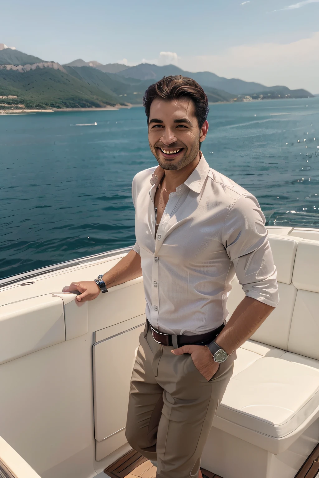 A man super happy enjoying on a luxury yatch, shirt outfit, luxury watch, Yatch background
