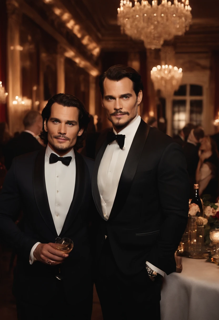 At an elegant gala in a luxurious ballroom, Henrique Cavill, impeccably dressed in a tailored black suit, stands out with his sophisticated demeanor. To her right, an equally dapper Johnny Depp dazzles in a vibrant red suit, as they both exchange smiles and greet guests amid an atmosphere of glamor and intrigue. The twinkling lights and night glow further accentuate the aura of sophistication surrounding the two Hollywood stars. cinematic realistic portrait, beautiful detailed face, highly detailed realistic face, 8k highly detailed face, realistic detailed face portrait, 8k portrait rendering, high detail sharp face, realistic face moody lighting, detailed realistic face, human realistic face, VFX Portrait highly detailed, detailed and realistic face, realistic and detailed face