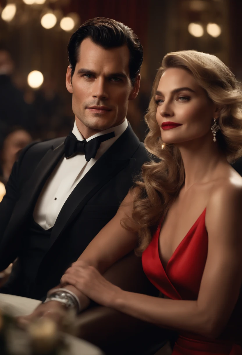 At an elegant gala in a luxurious ballroom, Henrique Cavill, impeccably dressed in a tailored black suit, stands out with his sophisticated demeanor. To her right, an equally dapper Johnny Depp dazzles in a vibrant red suit, as they both exchange smiles and greet guests amid an atmosphere of glamor and intrigue. The twinkling lights and night glow further accentuate the aura of sophistication surrounding the two Hollywood stars. cinematic realistic portrait, beautiful detailed face, highly detailed realistic face, 8k highly detailed face, realistic detailed face portrait, 8k portrait rendering, high detail sharp face, realistic face moody lighting, detailed realistic face, human realistic face, VFX Portrait highly detailed, detailed and realistic face, realistic and detailed face