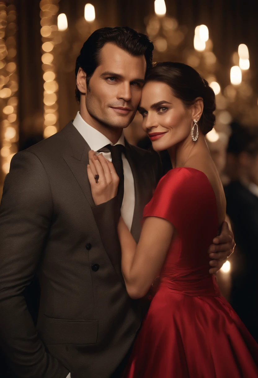 At an elegant gala in a luxurious ballroom, Henrique Cavill, impeccably dressed in a tailored black suit, stands out with his sophisticated demeanor. To her right, an equally dapper Johnny Depp dazzles in a vibrant red suit, as they both exchange smiles and greet guests amid an atmosphere of glamor and intrigue. The twinkling lights and night glow further accentuate the aura of sophistication surrounding the two Hollywood stars. cinematic realistic portrait, beautiful detailed face, highly detailed realistic face, 8k highly detailed face, realistic detailed face portrait, 8k portrait rendering, high detail sharp face, realistic face moody lighting, detailed realistic face, human realistic face, VFX Portrait highly detailed, detailed and realistic face, realistic and detailed face