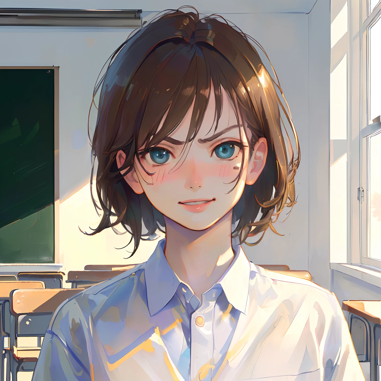 Details: (((((masterpiece))), best quality, (cowboy shot), perfect anatomy, (detailed face), indoors, classroom, sunny, warm sunlight, (((realistic faces))), realistic anatomy, painterly)) boy: ((perfect eyes))((1boy), (((shota))), ((shaded face)), blushing, smile, angry, solo, brown hair)