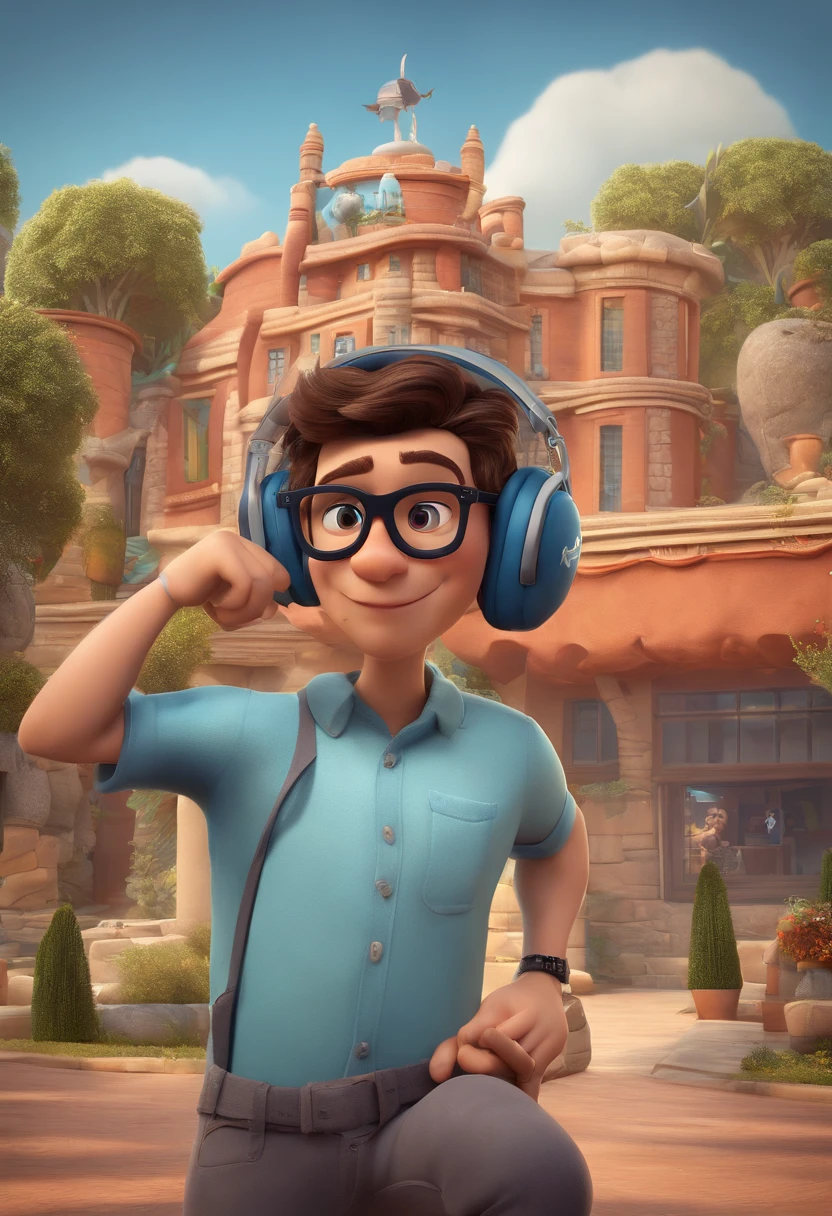 um homem, em breve, olhos castanhos, com fones de ouvido, A music studio in the background, Imagem no estilo Pixar, Estilo de filme animado 3D, Disney, camiseta preta, With eye Glasses