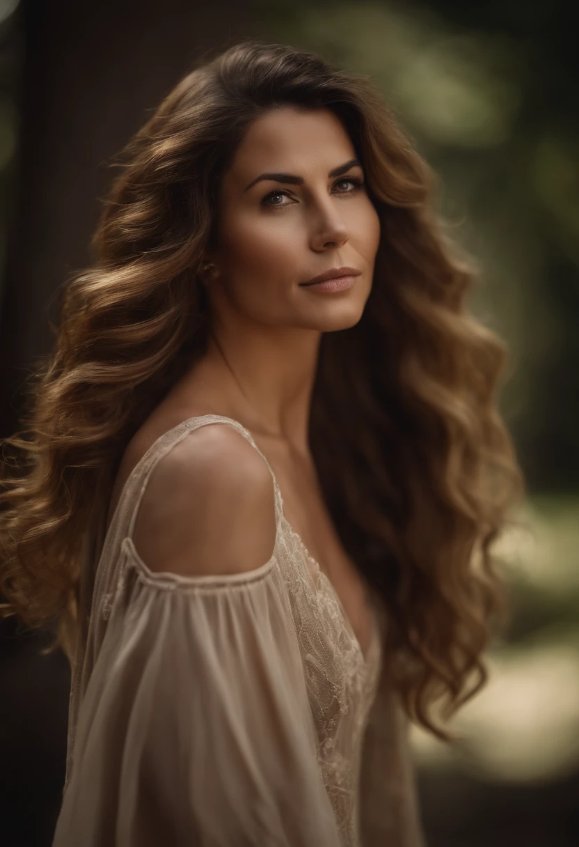 foto de retrato mulher 38 anos cabelos longos cacheados com volume castanho Claro ,156 de altura