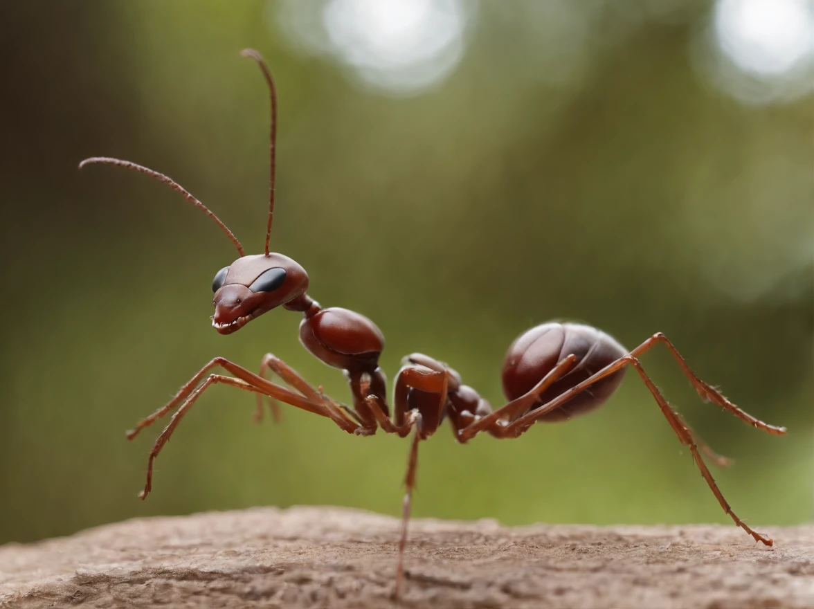 imagem, 8k, Realistic, Cinematography,"Depict a scene in which a giant laughing ant with hands outstretched with its whole body, Perto, passes by João do Barro, com o bico aberto.