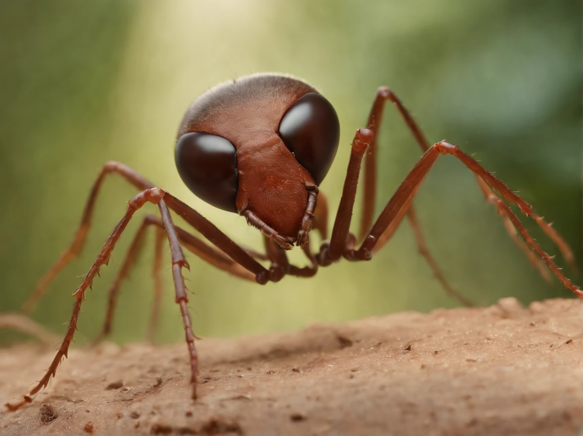 imagem, 8k, Realistic, Cinematography,"Depict a scene in which a giant laughing ant with hands outstretched with its whole body, Perto, passes by João do Barro, com o bico aberto.