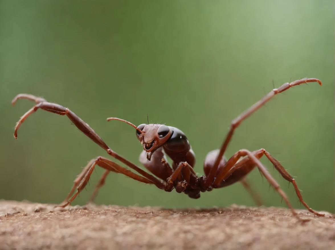 imagem, 8k, Realistic, Cinematography,"Depict a scene in which a giant laughing ant with hands outstretched with its whole body, Perto, passes by João do Barro, com o bico aberto.