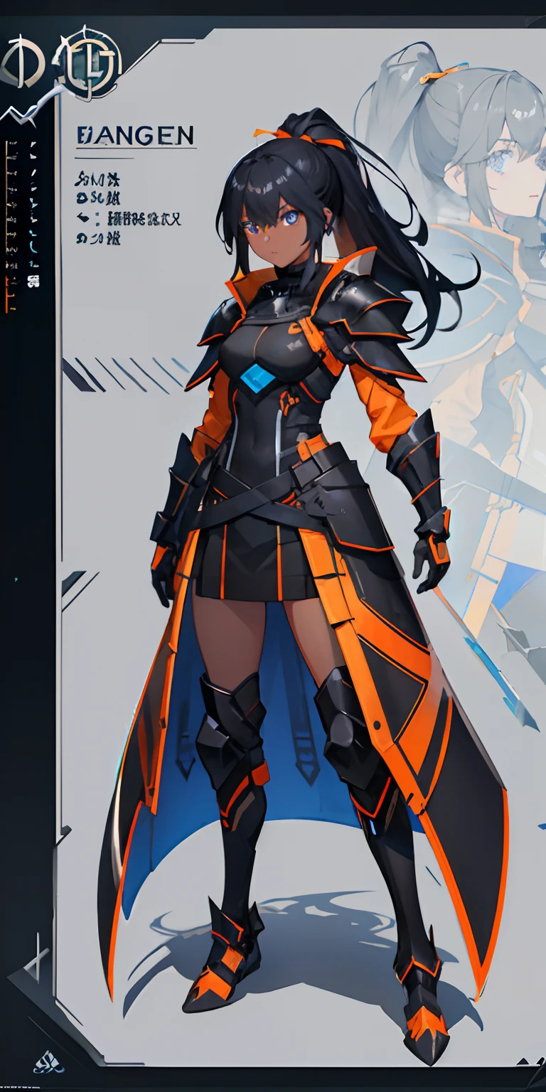 1 girl, ((Dark Skin)), (Blue eyes), Black hair with Ponytail and Orange Highlights, Black Overcoat, ((black and orange armor)), (((Game concept art)))