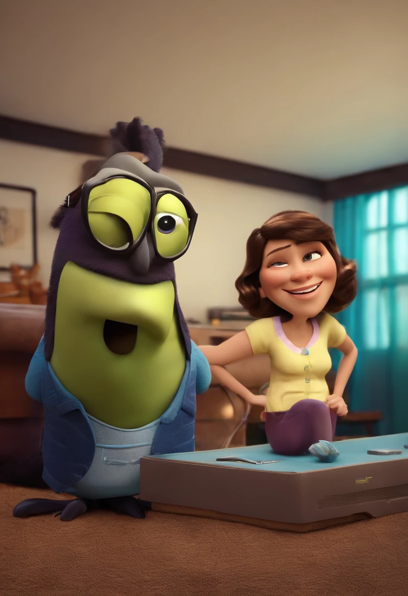 um homem, em breve, olhos castanhos, com fones de ouvido, A music studio in the background, Imagem no estilo Pixar, Estilo de filme animado 3D, Disney, camiseta preta, With eye Glasses, sem cabelo