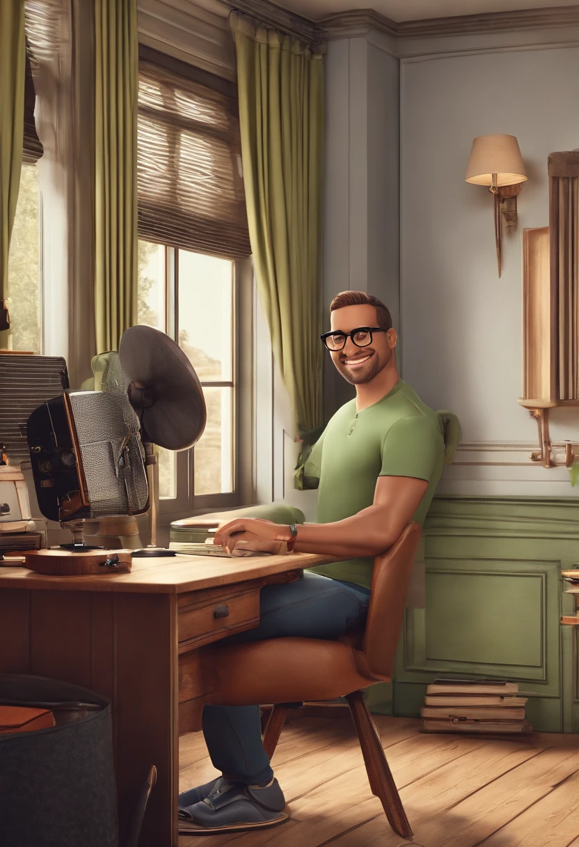 um homem, em breve, olhos castanhos, com fones de ouvido, A music studio in the background, Imagem no estilo Pixar, Estilo de filme animado 3D, Disney, camiseta preta, With eye Glasses, sem cabelo