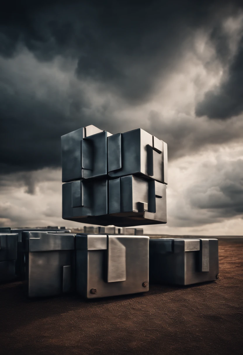 Clouds in the shape of cubes made out of steel, raining down on the flatlands