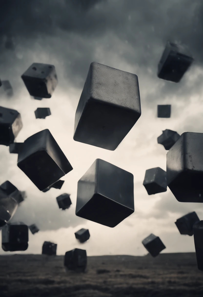Clouds in the shape of cubes made out of steel, raining down on the flatlands
