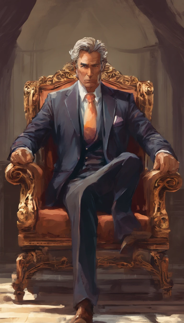a very handsome businessman very well dressed in a jacket aged 50 years old with very well made hair and a well tanned complexion Sitting in a binding armchair looking straight at the camera.