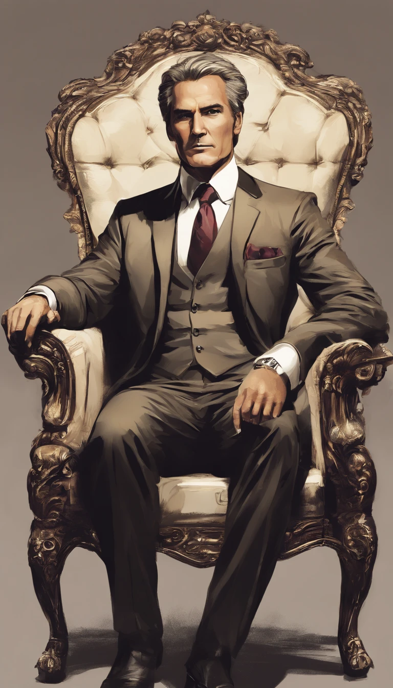 A very handsome businessman very well dressed in a jacket aged 50 years old.Les cheveux tres bien fait . Well tanned complexion.Sitting in an armchair looking straight at the camera