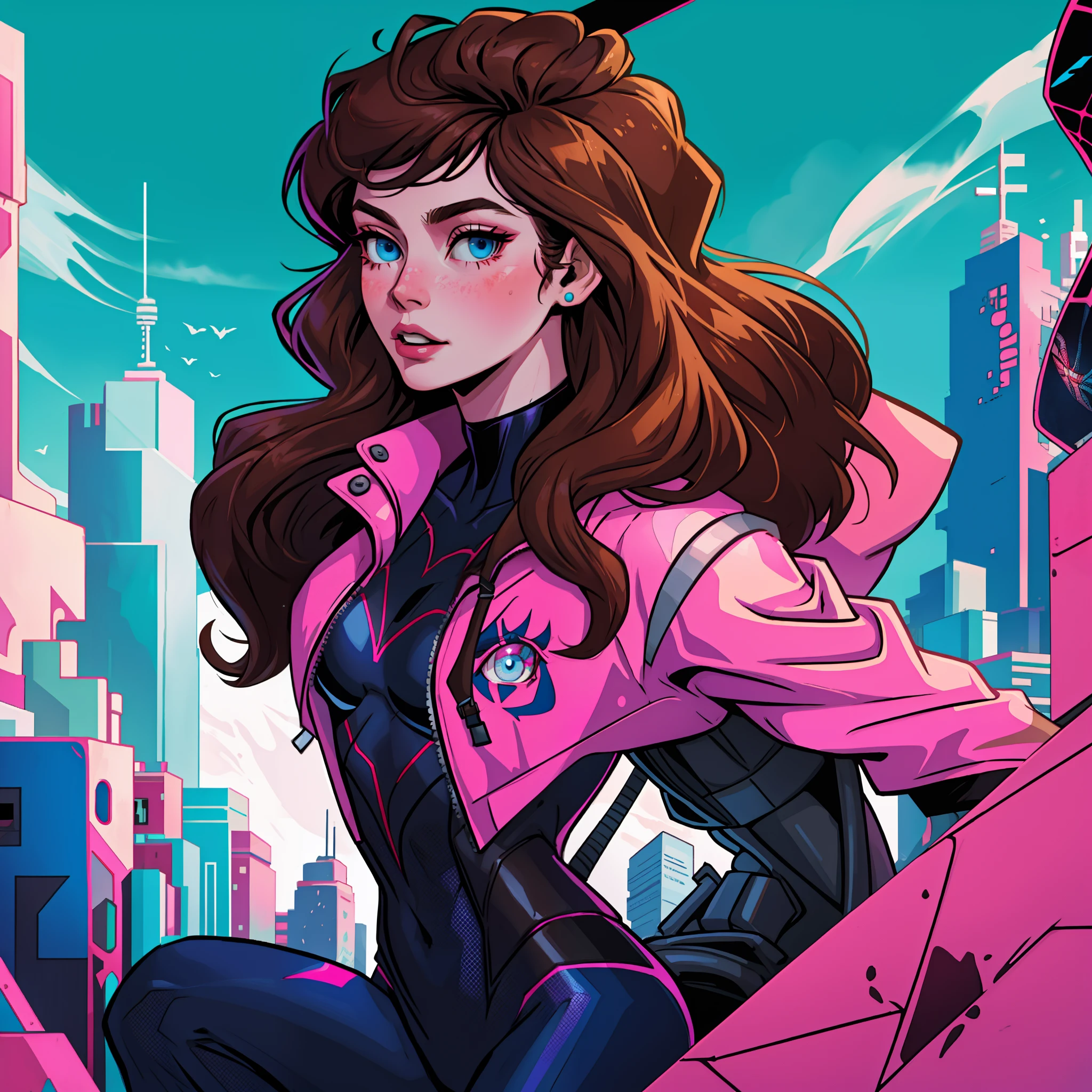 Spiderverse characters, a women with brown hair, long hair, blue eyes, pink suit, on rooftops, pale, 18 years old, Spiderverse comic