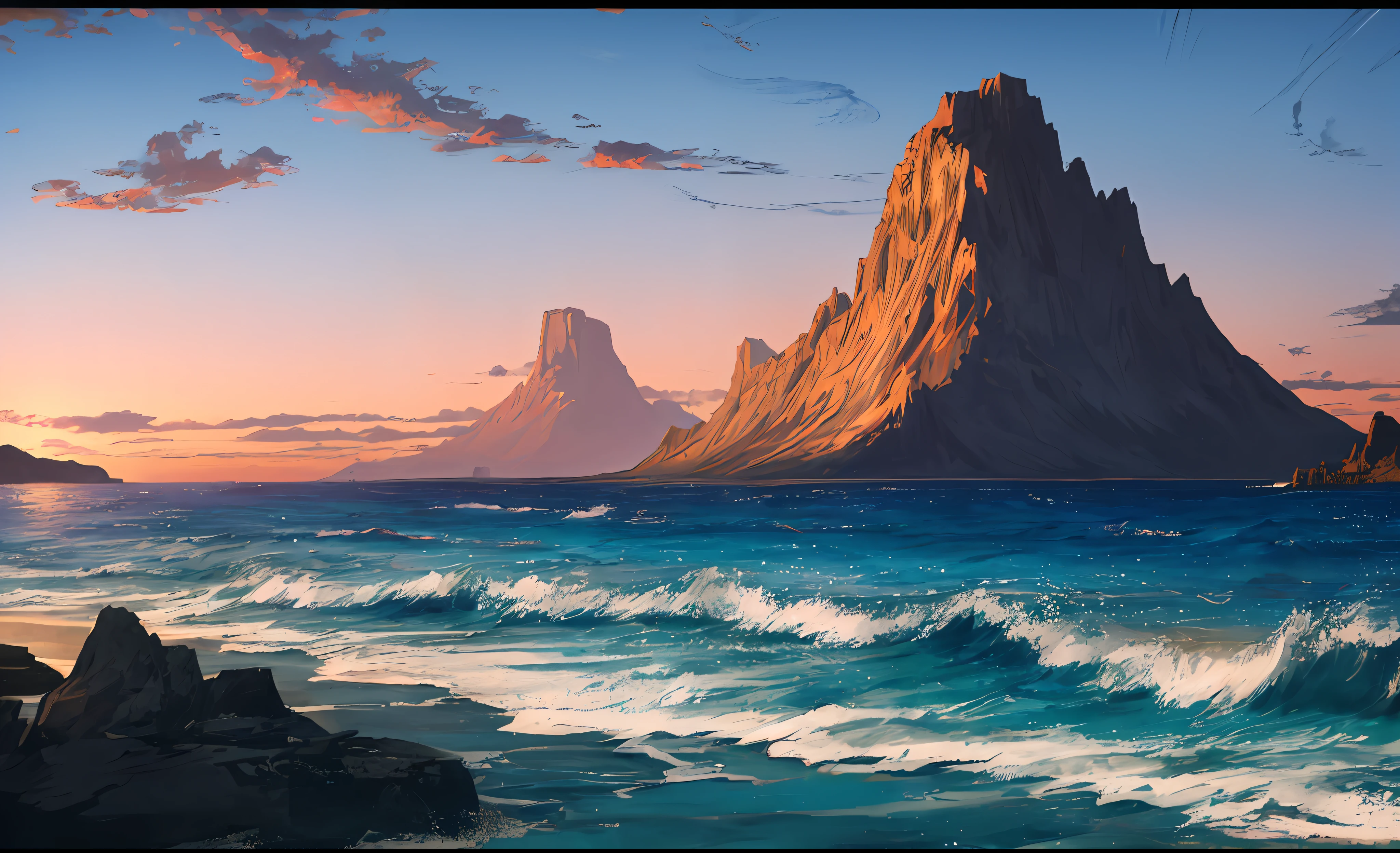ConceptArt, uninhabited, sea, sea, sunset, landscape, sky, mountain, beach, nature,