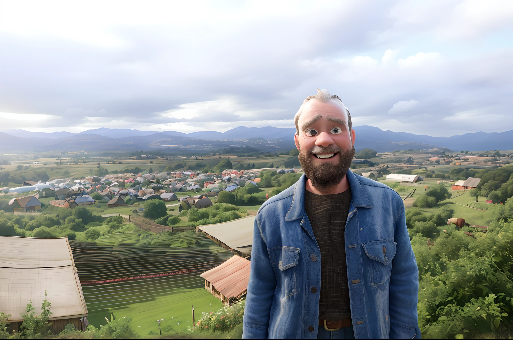 a country man, 40 years old, in shabby clothes, straw hat, leaning against a barnyard gate, playing a country guitar. cows and chickens in the background. super hyper detailed, 8k uhd, 3D render, modern Disney Pixar style.