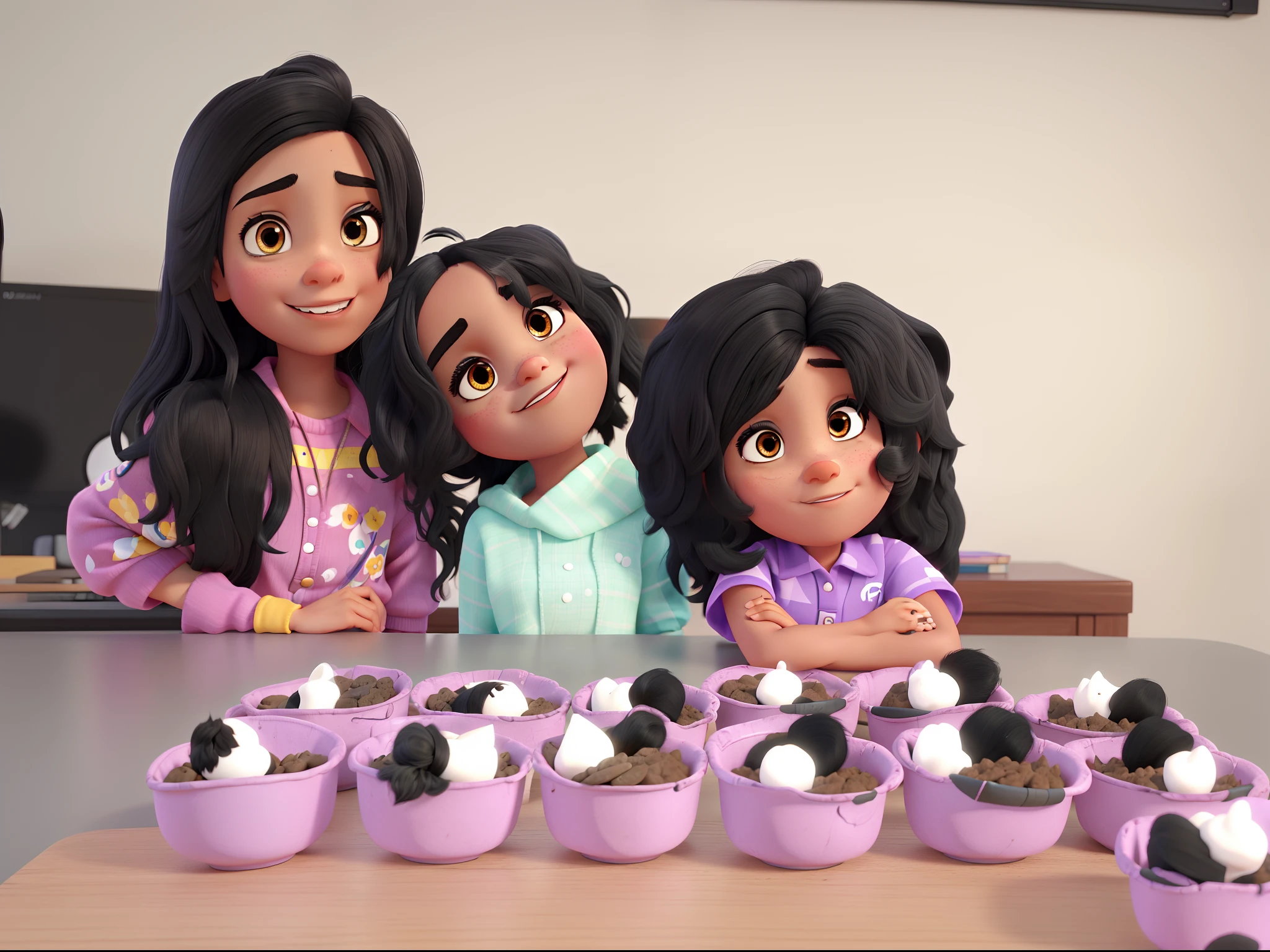 Three girls with black hair and black eyes in Disney Pixar style high quality best quality