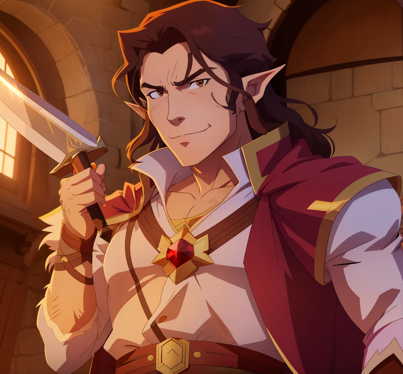anime character with sword in hand and a red cape on,a cute shaved young aragorn in an anime world, a male elf, arcane from netflix, picture of a male cleric, smirking male bard, official art, handsome young, casimir art, a portrait of a male elf, in the anime film. Holding a claw weapon