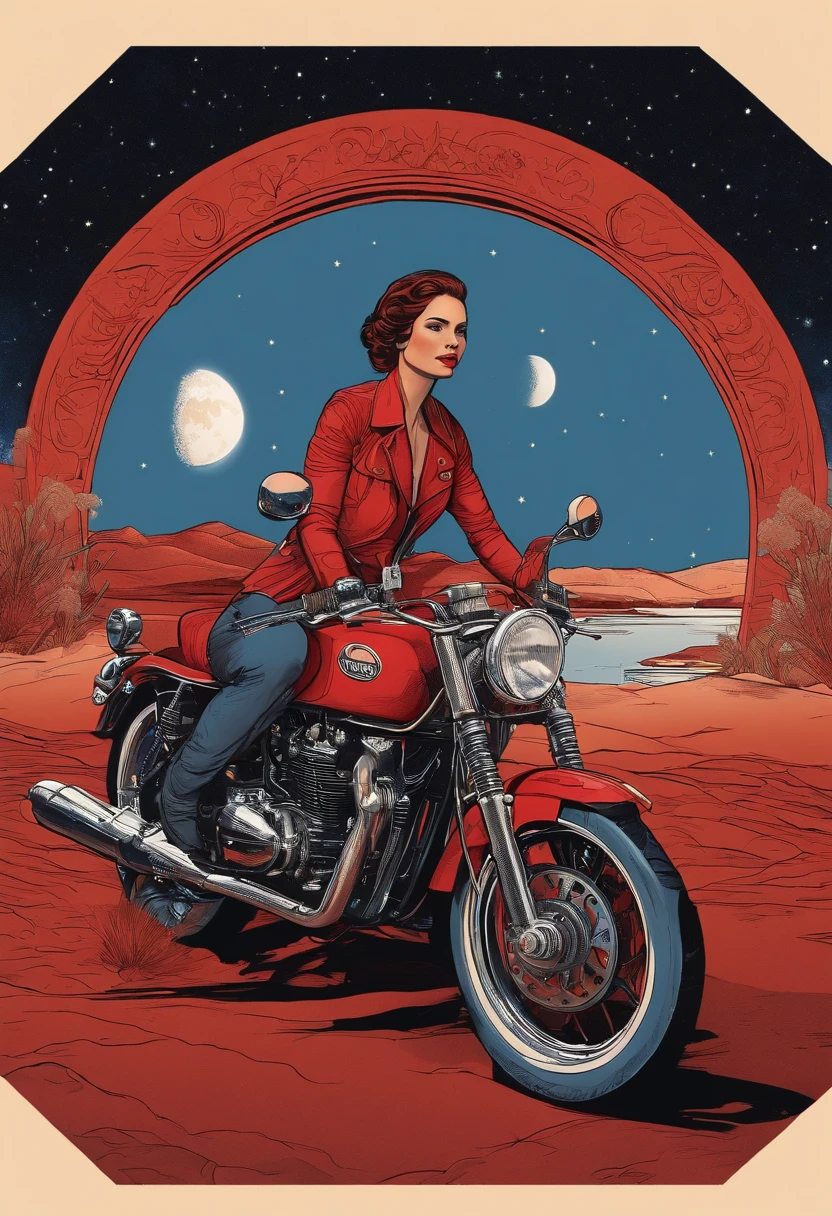 (masterpiece), (best quality), (best detail), (distant general view), (postage stamp),(main color of illustration: bright saturated red), (secondary color: lapis lazuli), a red cafe racer motorcycle driven by a woman with defiant stance, very detailed chassis, futuristic western scenery, night (many stars, moon), shading (detailed, much contrast), very saturated pulp colors