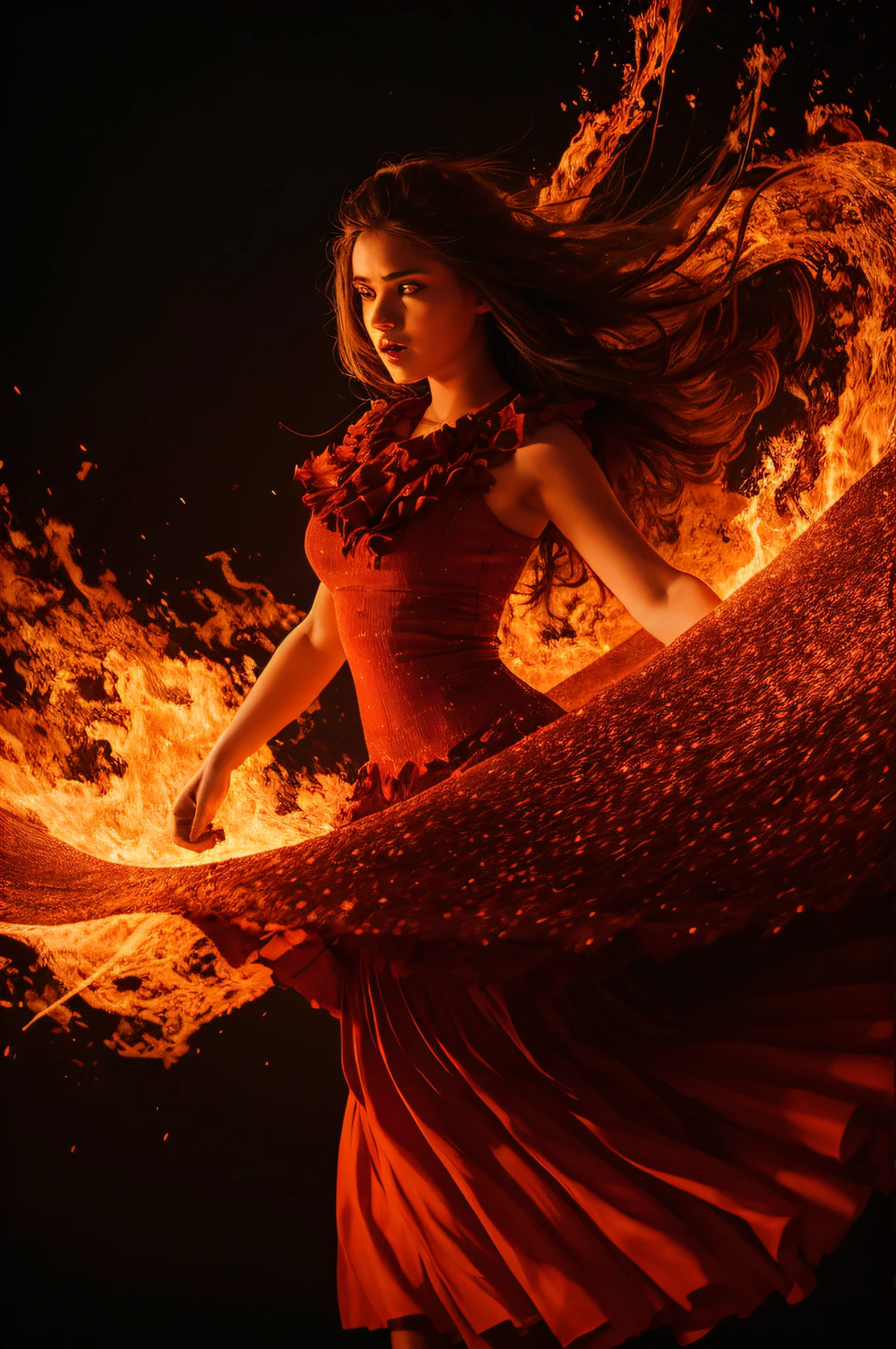 Girl dancing in a dress made of fire, the wind, sparks, Dark background, Cinematic, hyper-detalied, Present photo, saturated colors, Detailed texture