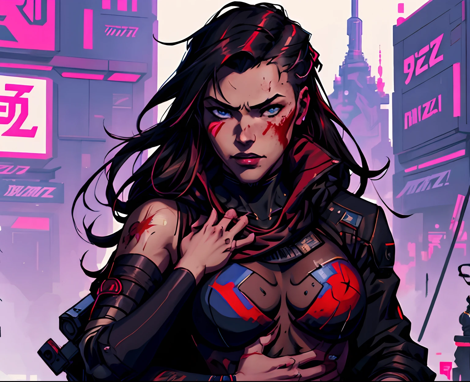 Anime depiction of a man and a woman, hugging each other with blood on their faces, artwork in the style of guweiz, jazza and rossdraws, rossdraws and jazza, Ruan Jia and Joao Ruas, Cyberpunk 2077 RossDraws, rossdraws 1. 0, :: rossdraws, Rossdraws 2. 0, digital cyberpunk anime art