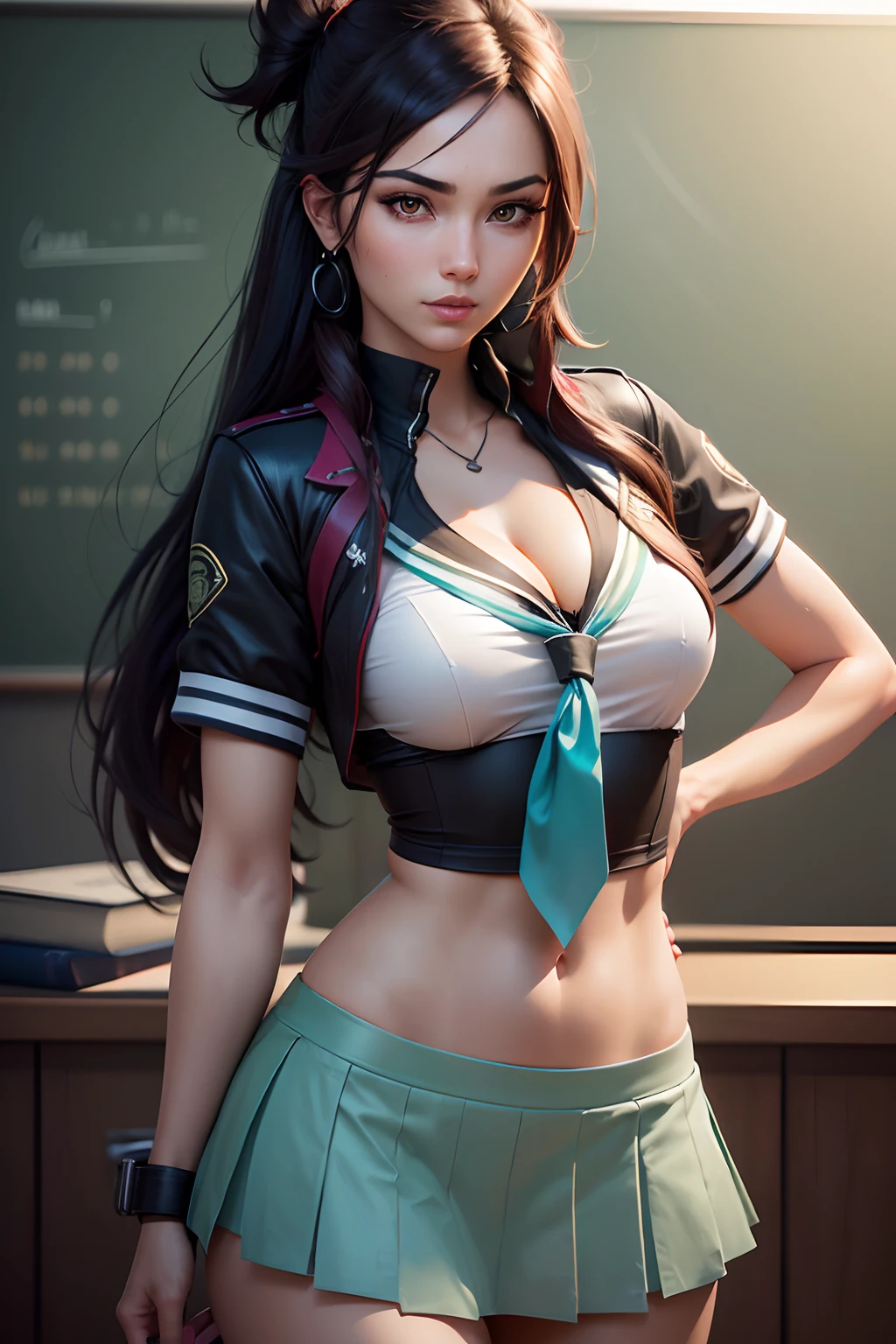 realistic akali, with sexy student skirt is school class, 8k resolution, (best quality: 1.1), (anatomically correct: 1.1), (perfect hand: 1.1 ), ( (Facial Detail: 1.3)), (Skin Detail), (Perfect Eyes), (Perfect Nose), (perfect hand fingers)