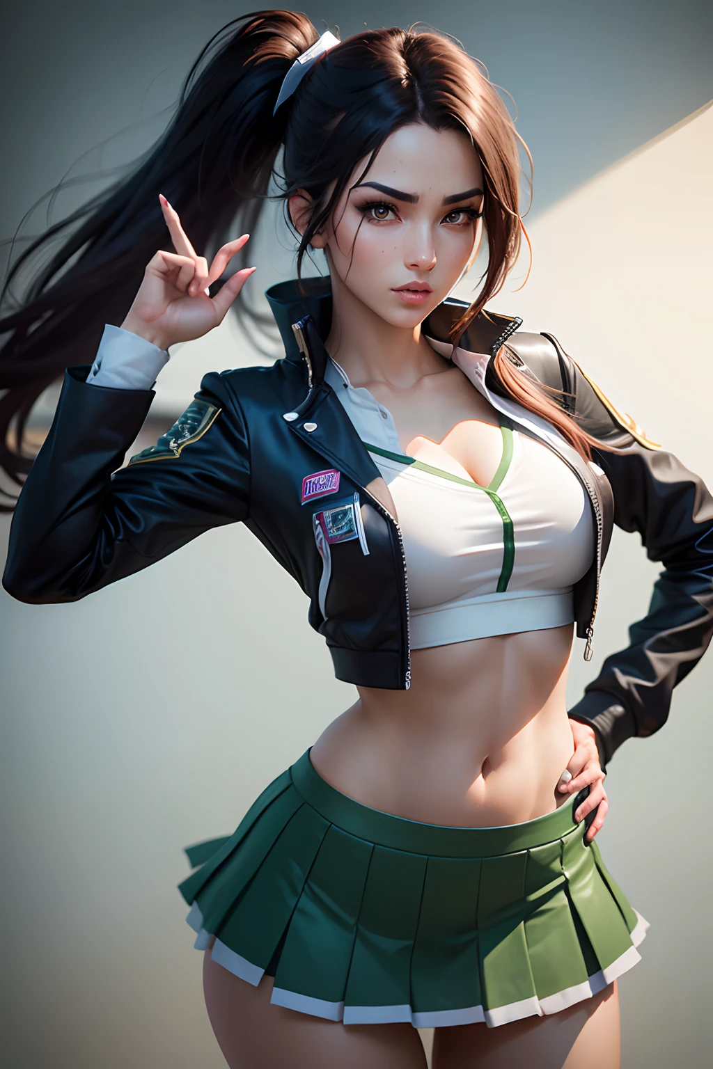 1 girl, black woman, solo, long_hair, bangs_between_the_eyes black_hair_with_strands_green, bi_color_ green_neon eyes, sexy_face, HOLDING IN HIS HANDS A SWORD STICKED INTO THE GROUND, cyberpunk_clothes, short_jacket, navel appears, short_skirt, scarred_legs, left_arm_band, tattoo_above_navel_background_of_abandoned_AIRPORT_red, manga_style_image .