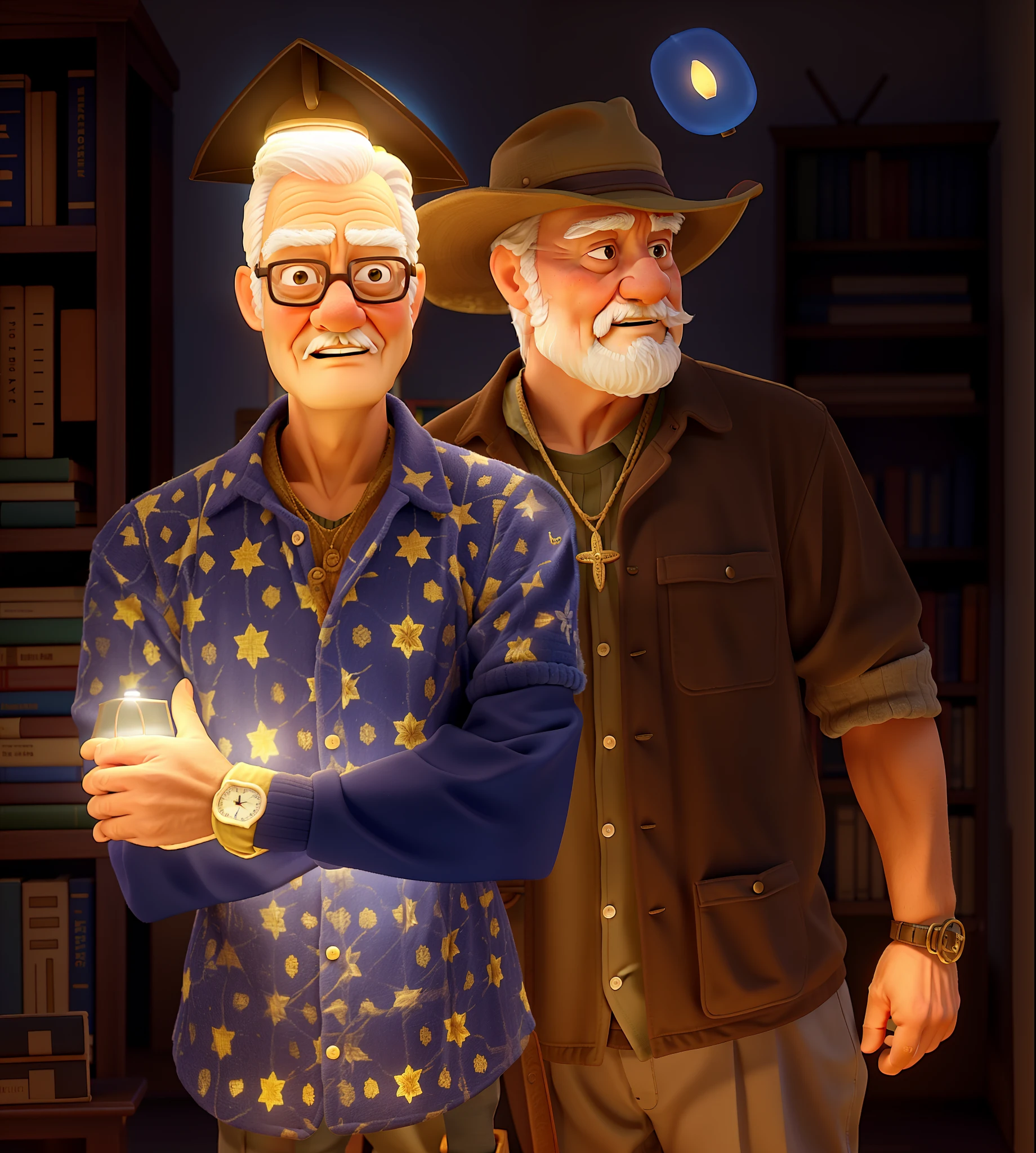 A wise old man standing in front, illuminated by the light of a lamp, against the backdrop of a library