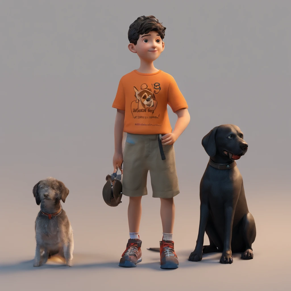 A boy with a dog in his hand A black dog