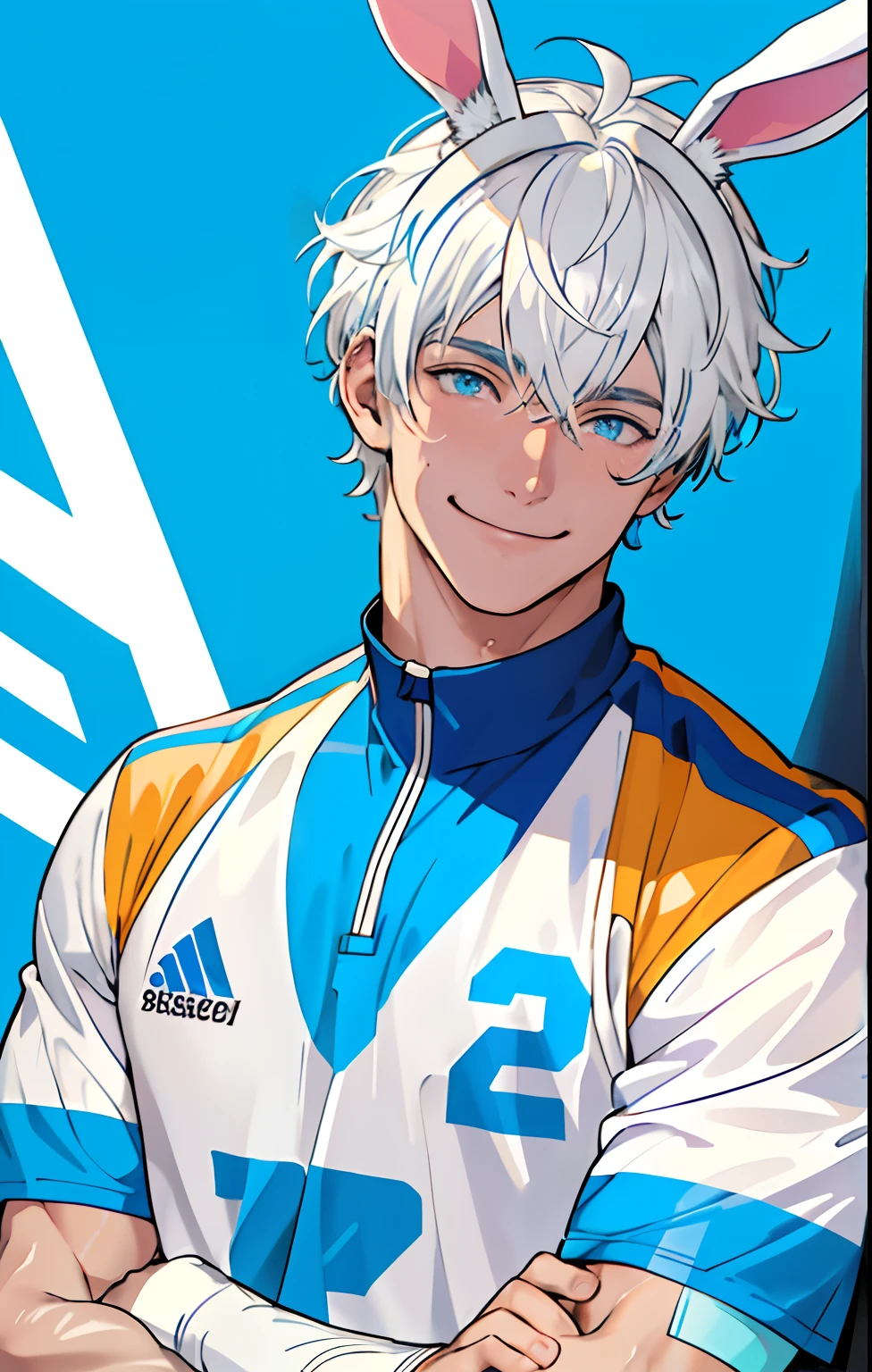 (masterpiece, best quality, absurdists), 1man, flamboyant, boisterous, detailed eyes, bright blue eyes, white and blue football team shirt with number 23 on the , leaning on wall, white hair with bangs,  ears, upper body, sweaty, smiling (fluorescent lamp), (colorful), ((abstract background)), illustration, fanart
