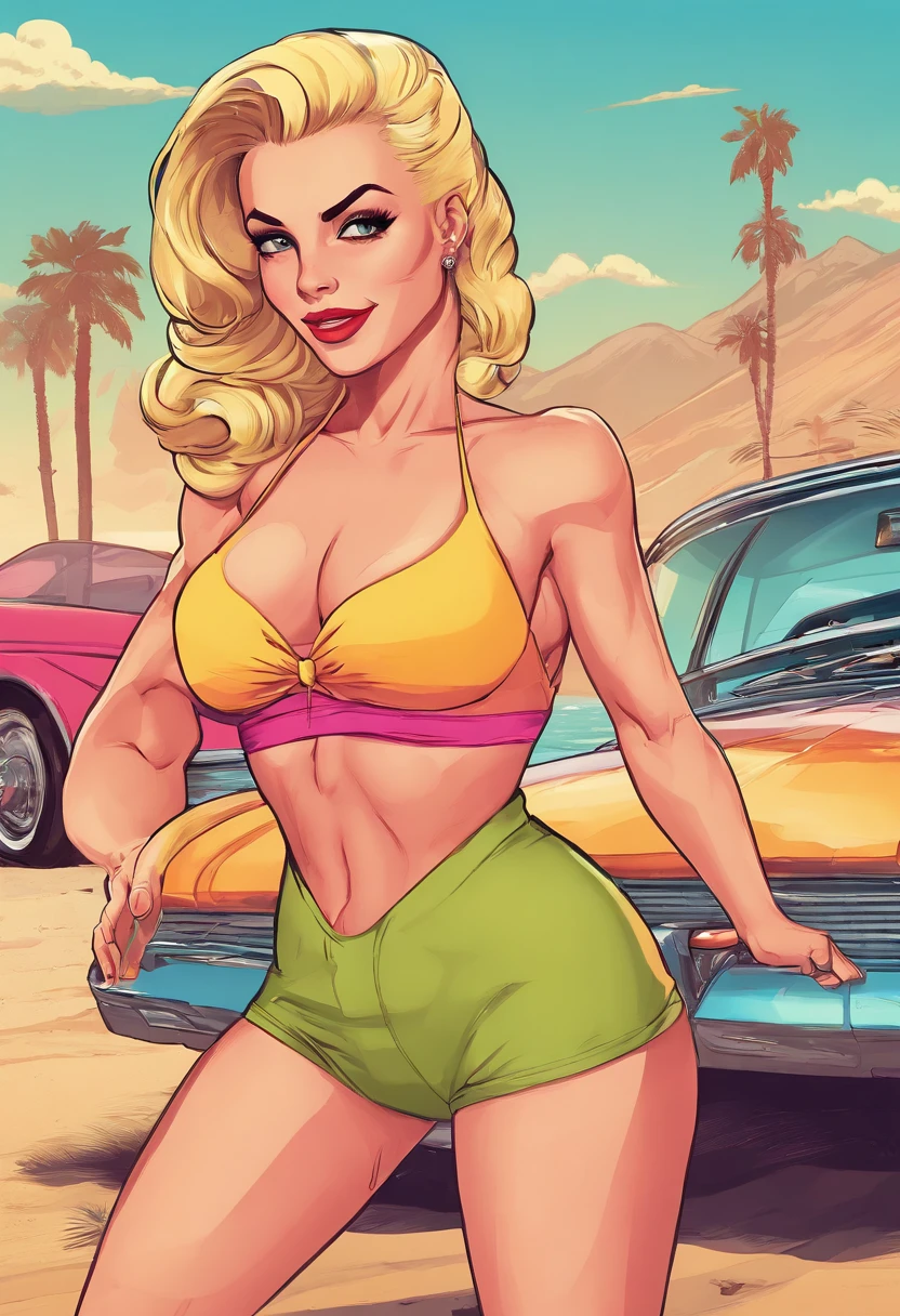Generar ilustraciones , Glassmorphism, Obra maestra, Best Film, Estilo de la cultura pop, pulpa, QUEBRAR, a 30 years-old woman,rubia,norteamericana, musculosa,Female Bodybuilders,Huge breasts that are about to burst,French swimsuit from the 1950s, Mirar amigablemente al espectador, como si la invitara a comprar, Ropa educada,posando frente a la playa,hijab