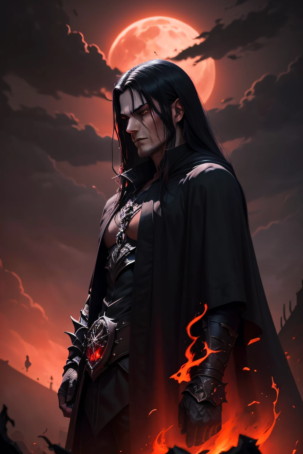 a dark muscular male evil lord, long flowing black hair, black and red cloak, piercing red eyes, menacing expression, powerful aura, standing in a dimly lit chamber,, casting eerie shadows, , adorned with intricate details, with a sinister grin, exuding an aura of darkness, with an intimidating presence, in a gothic castle, with imposing architecture, shrouded in mist, under a blood-red moon, with a storm brewing in the background, creating a foreboding atmosphere, reminiscent of a dark fantasy novel cover, with a dramatic lighting, emphasizing the contrast between light and shadow, evoking a sense of mystery and danger, with a touch of supernatural elements and captivating artistry."