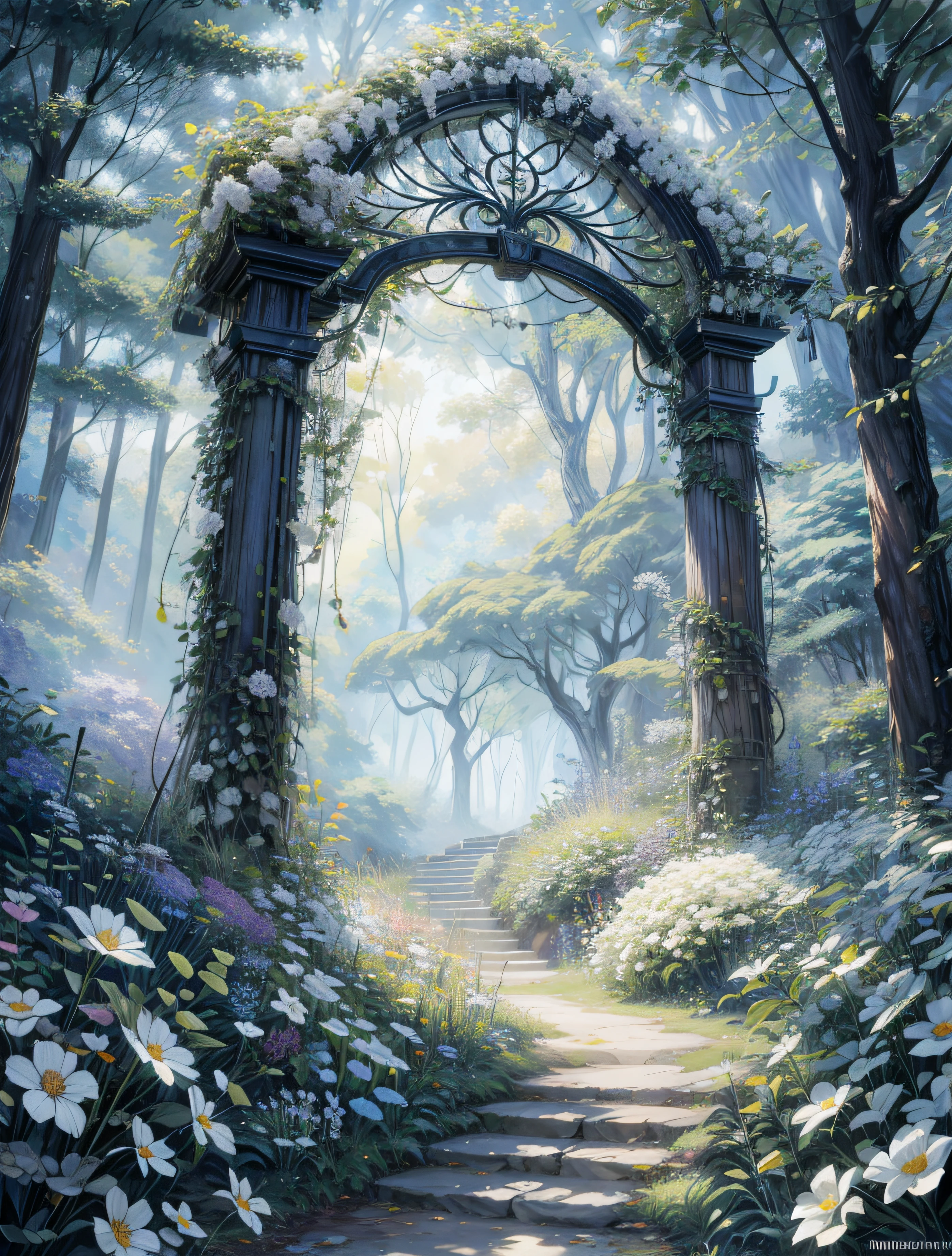 Pintura de un bosque de cristal, Beautiful fantasy view, Puerta del Bosque Grande, cesped, Bosque de cristal con flores blancas, flores lilas, 4K HD, nube,Hermoso arte UHD 4 K, a beautiful artwork illustration, Hermosa pintura digital, Pintura digital altamente detallada, Hermosa obra de arte digital, Pintura detallada 4 K, Pintura digital muy detallada, ricos colores pintorescos, gorgeous digital painting,