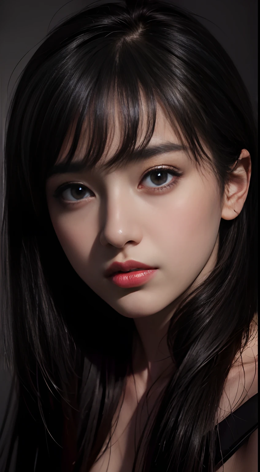 masterpiece, best quality, ultra-detailed, facing the camera head on, intricately detailed hyperdetailed, realistic, sharp features, highly detailed, sharp focus, perfect face, perfect face, perfect symmetrically perfect eyes, perfect full lips, flexible female form, cinematic, film light, hyper detailed, hyper realistic, dynamic studio lighting, nsfw, ((Dark background)), y face, Facial expressions when receiving pleasure, straight Bangs,