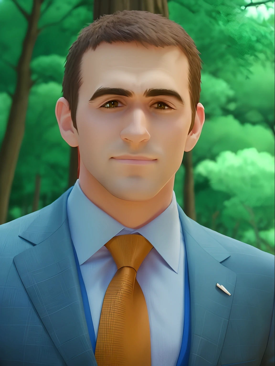 Man in suit and tie standing in front of trees, anime, disney pixar