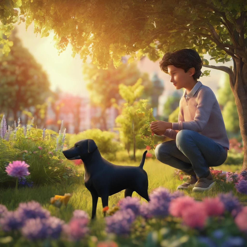 A -yeld boith a dog in his hand A black dog in a garden