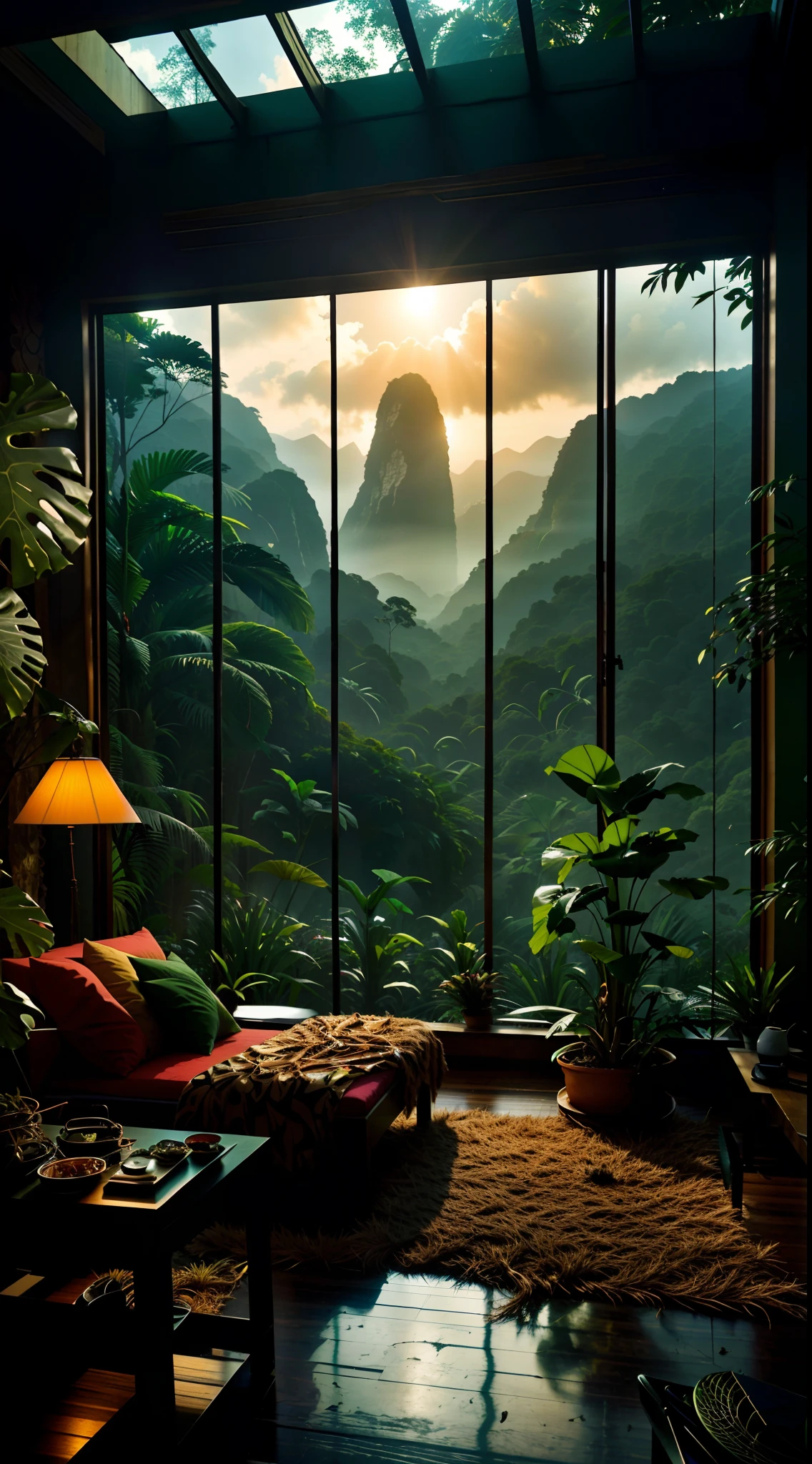 Sala de estar com vista para uma montanha e uma floresta, mountainous jungle setting, jungle setting, Como uma cena de Blade Runner, magical ambiance, pintura escura ultrarrealista, em um ambiente de selva, pleasant environment, floresta nublada, Selva bonita, ambiente mal-humorado, Selva exuberante, Inside an alien jungle, Plantas e selva, montanhas da floresta tropical, ambiente relaxante