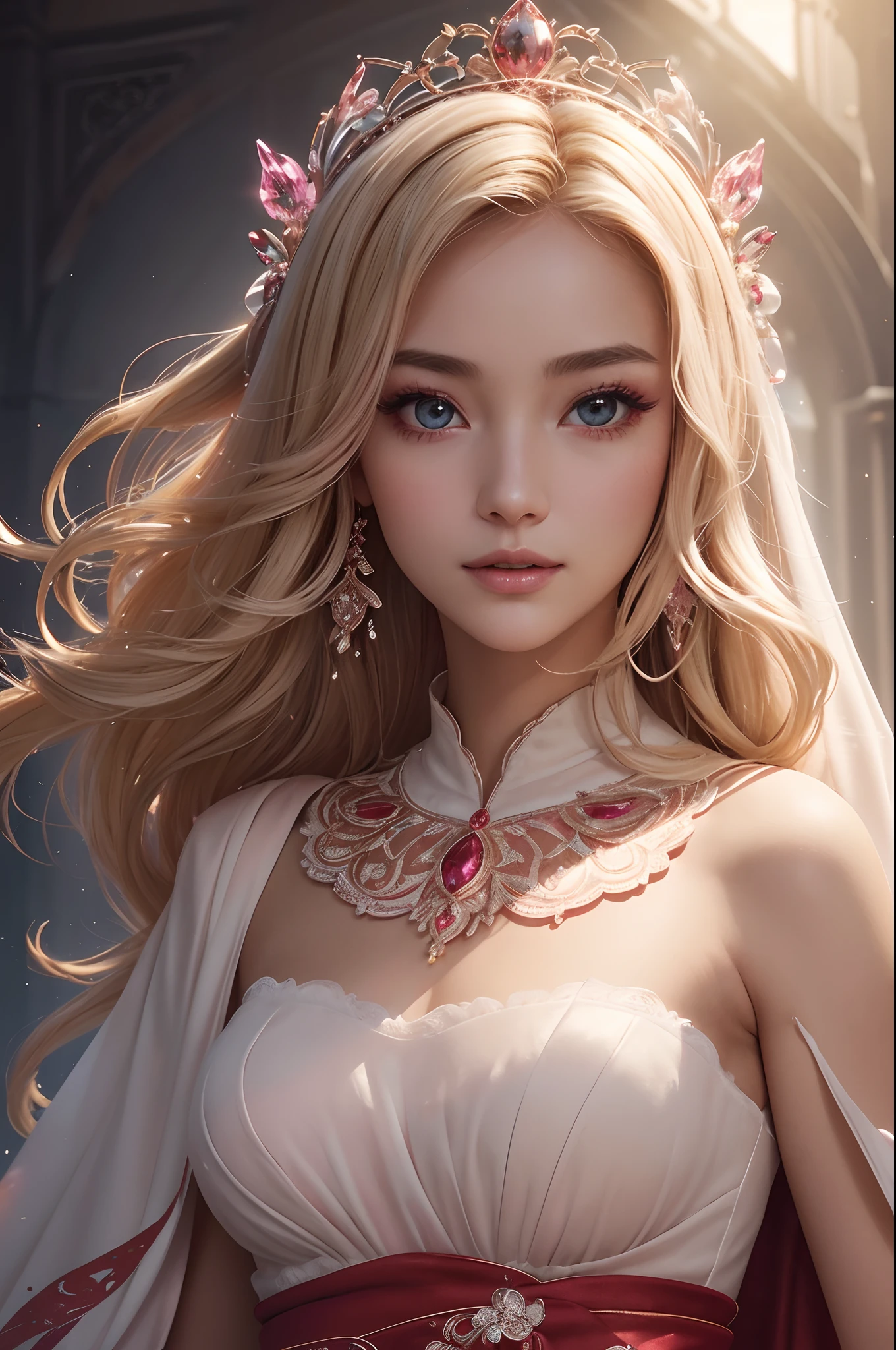 (​masterpiece:1.2)、top-quality、(illustratio:1.2)、(ultra-detailliert)、Eye Focus、(Masterfully crafted Glow、pink lens flare)、(Cinematic background)、Hyper-detailing、(delicate detail)、(intricate detailes)、octan render、HDR、(Hyper-detailing:1.15)、(softlight:1.2)、Super Beautiful Princess,Woman in a very beautiful red and white dress、Golden decoration(super model:1.3)、Woman made up of paint、entirely paint、Splat、Splash、a blond(bionde:1.1)、(radiant eyes)、((make - up))、(cinematic masterpiece)、Delicate and powerful、 (Cinematic headlight)、((Caustic))、dynamic ungle、Beautiful detailed glow、ambient occlusion、ambient lights、ray trace reflection、(best illumination、extremely delicate and beautiful)、((ciinematic light))、(The soft:2)、vivid、highly contrast、back lighting、huge tit、Complex detailed EABA、red cloak、Silver tiara