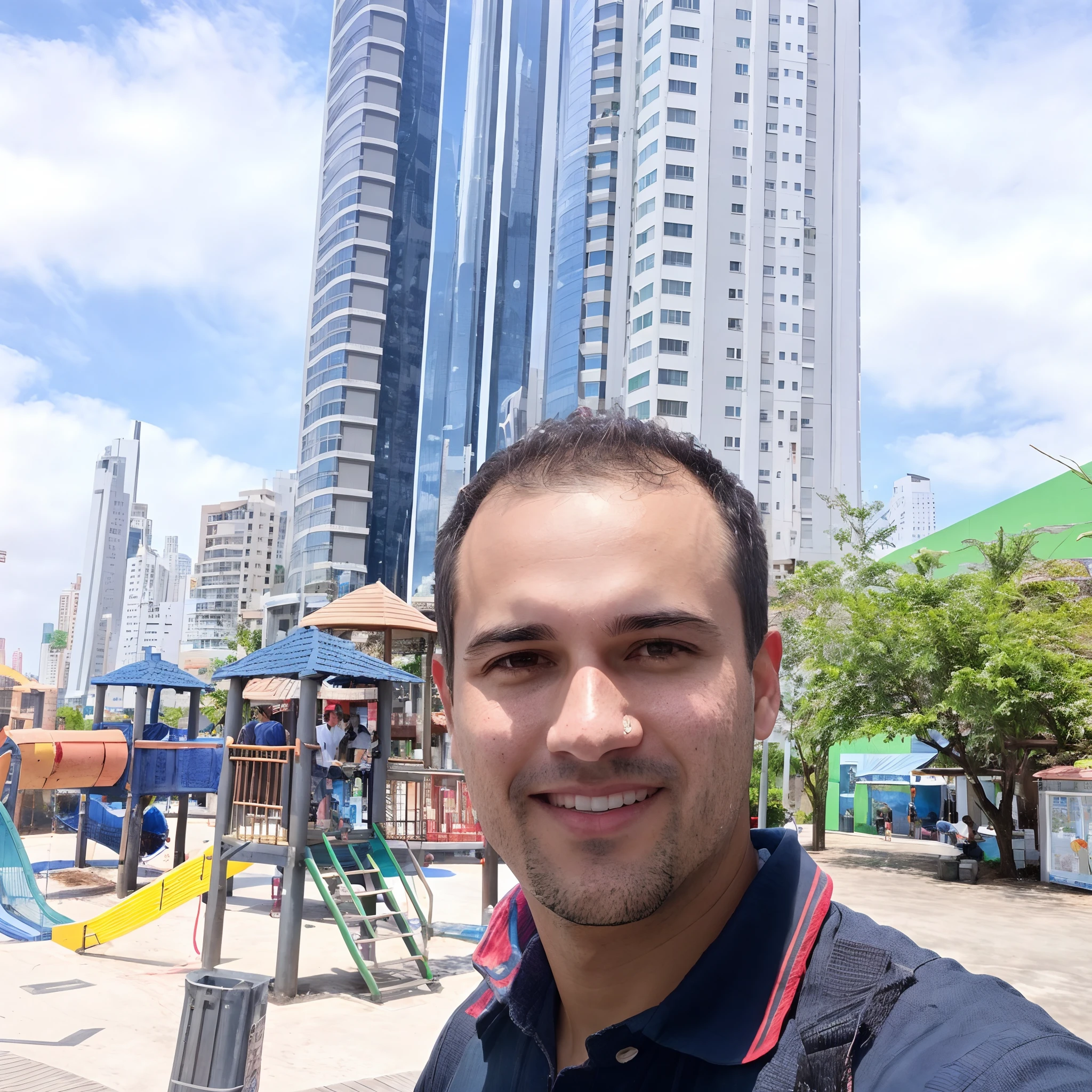 Man in blue shirt standing in front of a playground, com um parque ao fundo, In Sao Paulo, com um parque nos fundos, skyscrapers in the background, Parque em segundo plano, com uma cidade em segundo plano, Tall buildings in the background, standing in a city center, Fotografia selfie 8k, caio santos, foto selfie